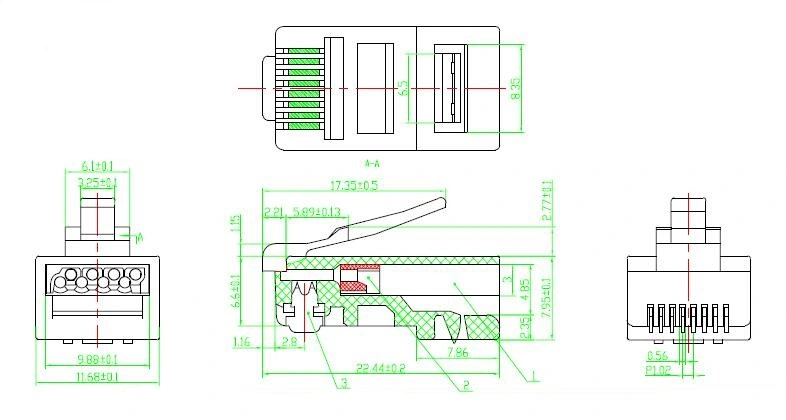 RJ45 8p8c UTP Cat5e/CAT6 Network Modular Plug 2 Tips/3 Tips (Forks) with Insert Bar with UL Approved