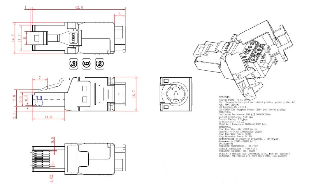 RJ45 Termination Plug CAT6A Unshielded Tool-Free Modular Jack Connector