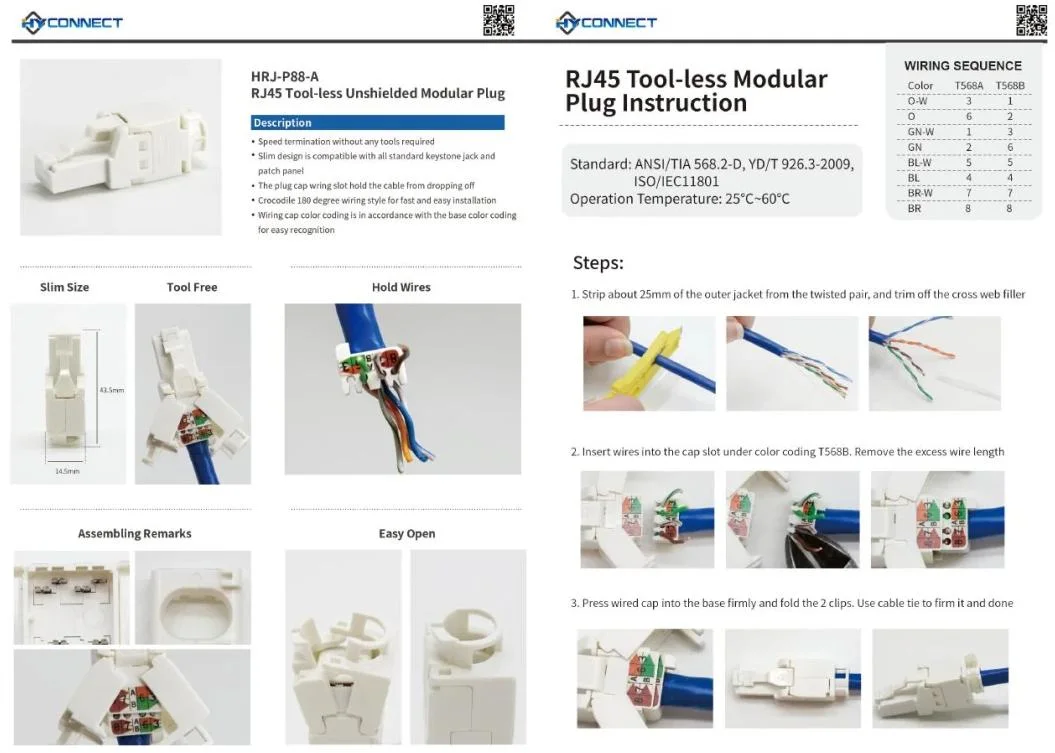 RJ45 Termination Plug CAT6A Unshielded Tool-Free Modular Jack Connector